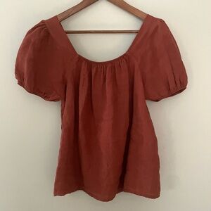 Italian Made Bellambra Linen Blouse Top Puff Sleeve Rust Terracotta Brown, Small